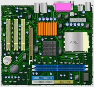 Componentes internos del hardware de una computadora como procesador, RAM, disco SSD y placa madre