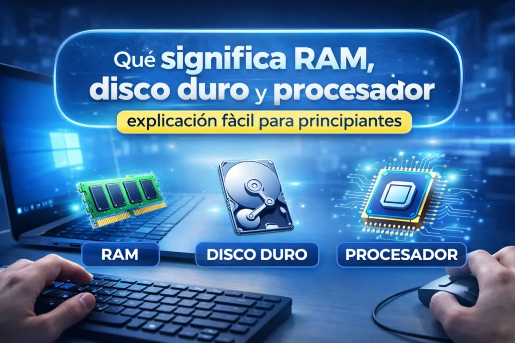 Componentes de una computadora mostrando procesador, memoria RAM y almacenamiento