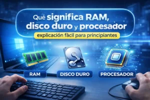 Componentes de una computadora mostrando procesador, memoria RAM y almacenamiento